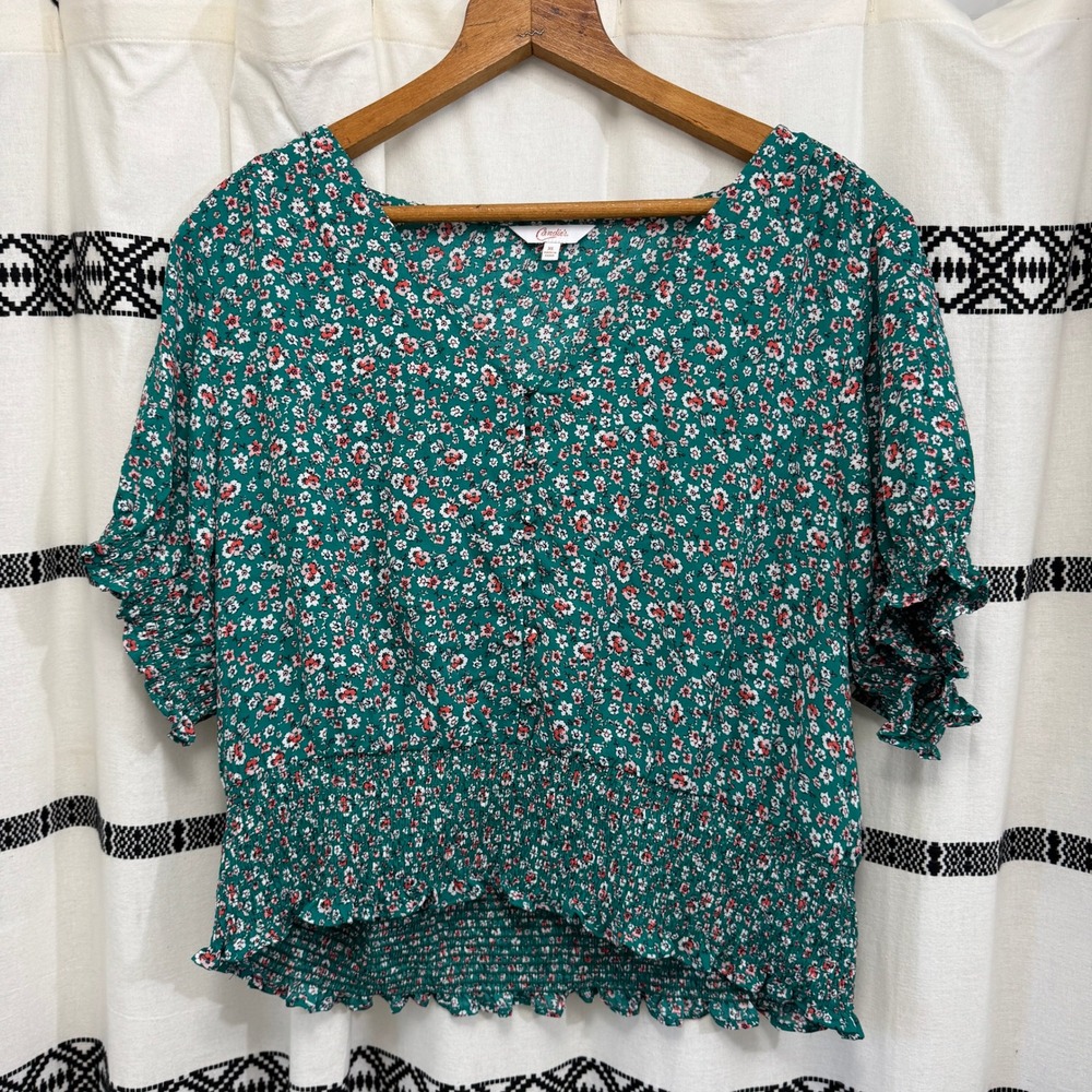 Candie's Teal Floral Ruffle Blouse